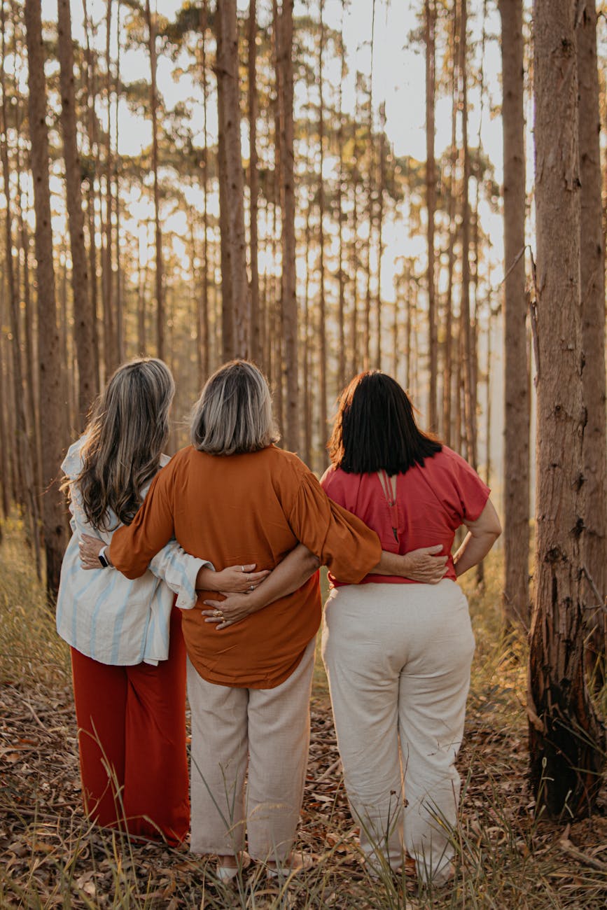 friends in forest at dusk